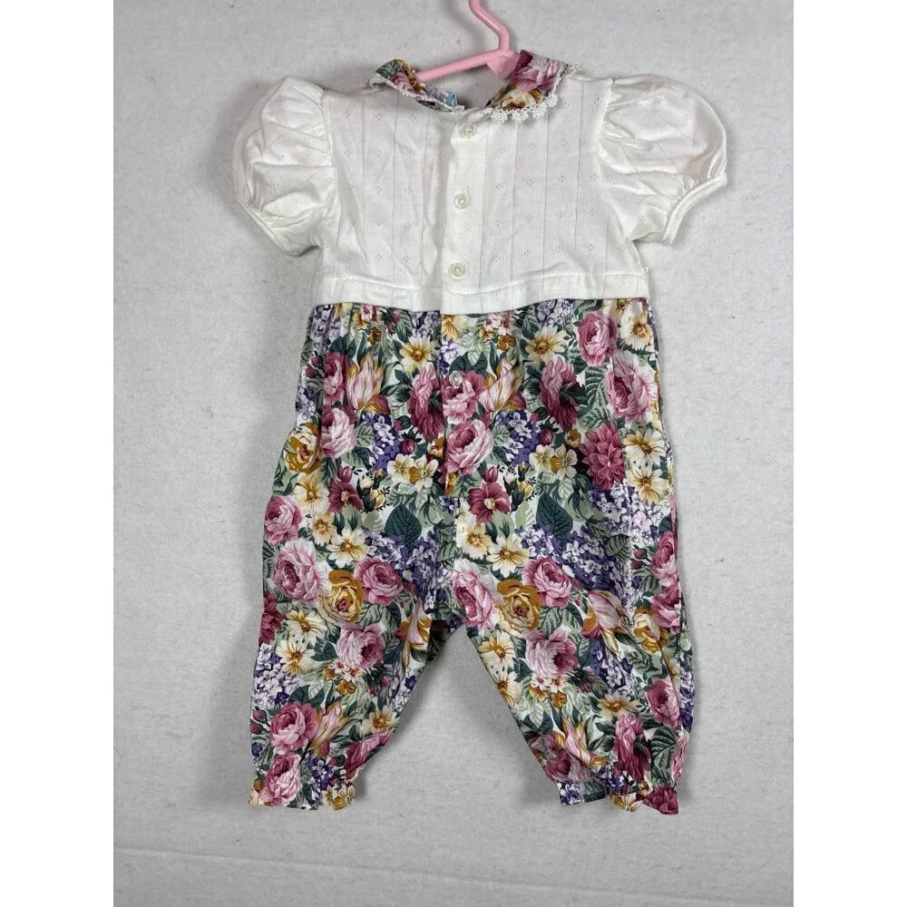 Infant‎ Floral Romper With Lace Collar & Rose Button Details